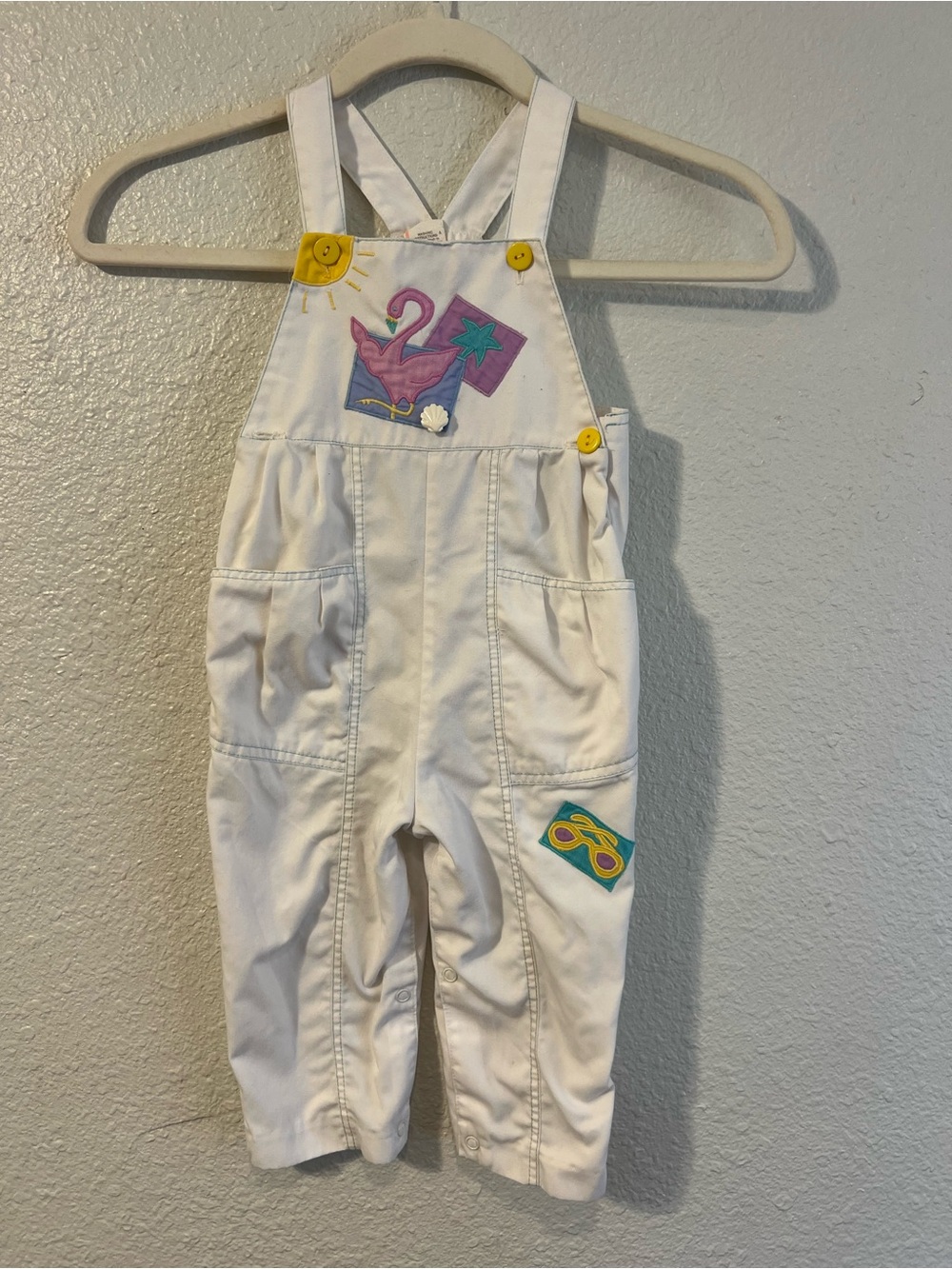 Vintage 24 Month Old White Overalls with Fun Beach Applique